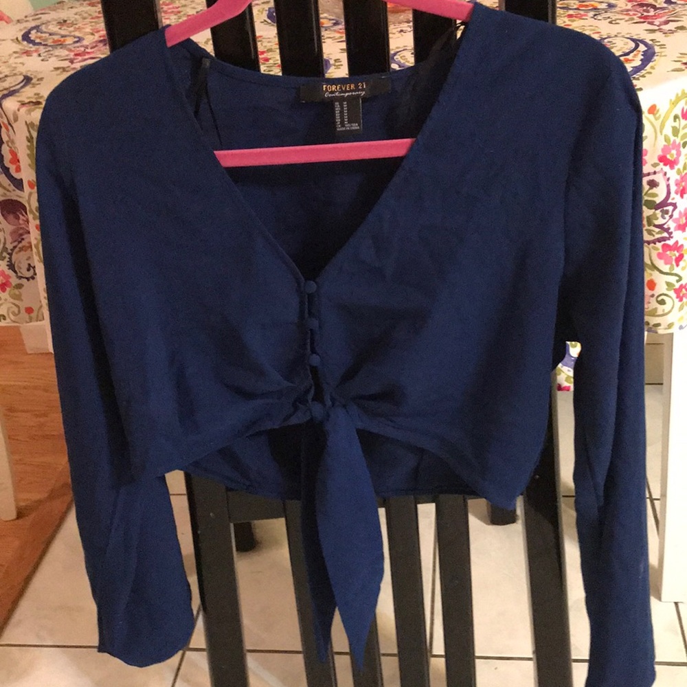 Navy blue button up/tied crop top